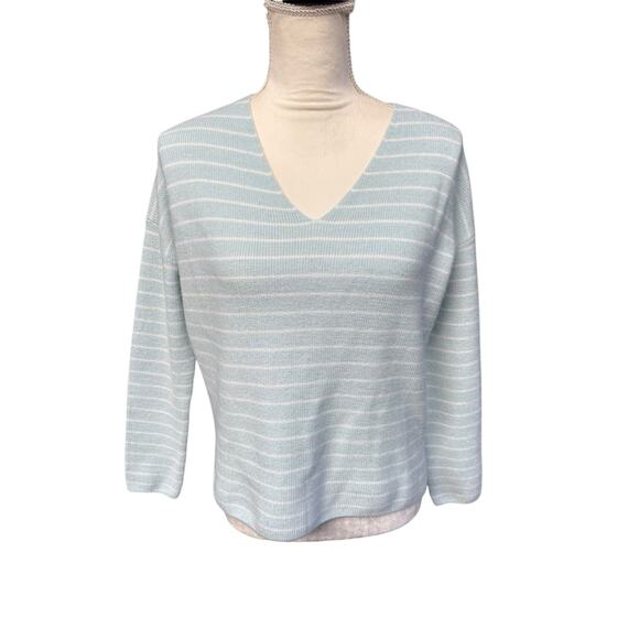 Carve Designs Zella Merino Wool Stripe 3/4 Sleeve V Neck Sweater Ice Stripe - S - Picture 2 of 7
